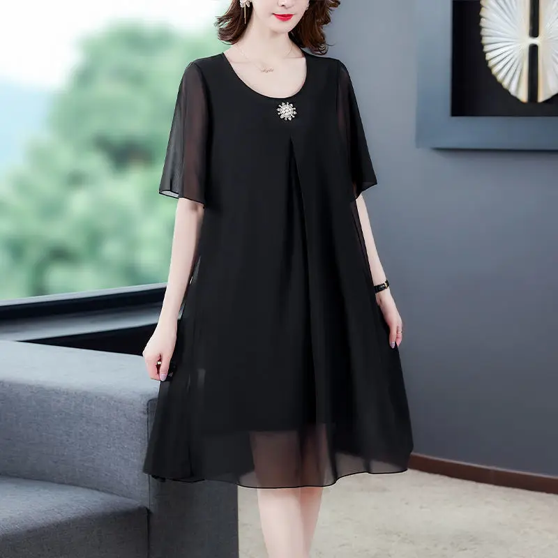 2023 New Women\'s Clothing Gauze Patchwork Solid Color Loose Pullovers Round Neck Korean Pleated Fashion Casual Elegant Dresses