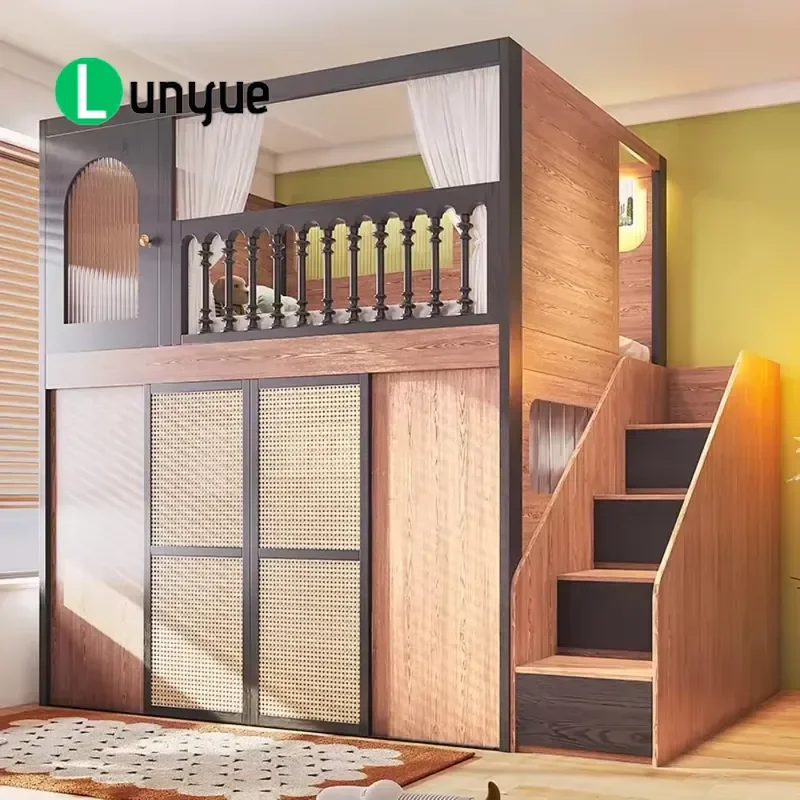 Solid Wood Kids Loft Bed with Built-in Wardrobe Desk High Guardrail Tree House Design Space Saving for Small Bedroom