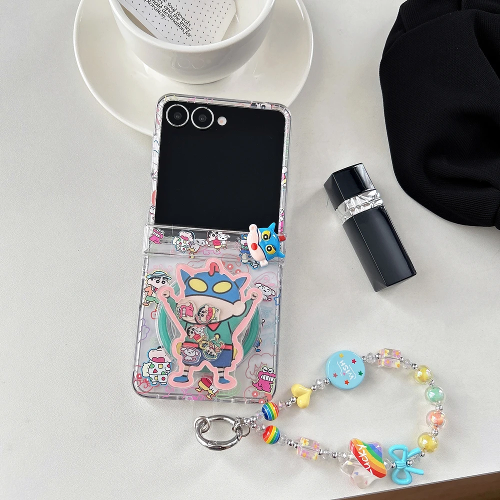 Cute Cartoon Anime Crayon Shin chan Magnetic Holder Wireless Charge Phone Case For Samsung Galaxy Z Flip 8 7 6 5 Hard TPU Cover