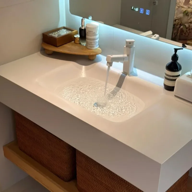 

Rock slab hot bending integrated basin, original solid wood upper and lower double-layer bathroom hand wash basin integrated