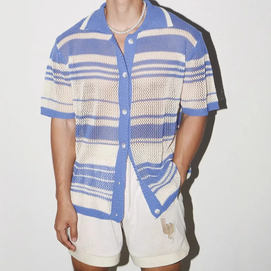 

Men's Casual Loose Fitting Turn Collar Short-sleeve Knitted Shirt Summer Hollow-out Lazy Style Striped Shirts And Blouses