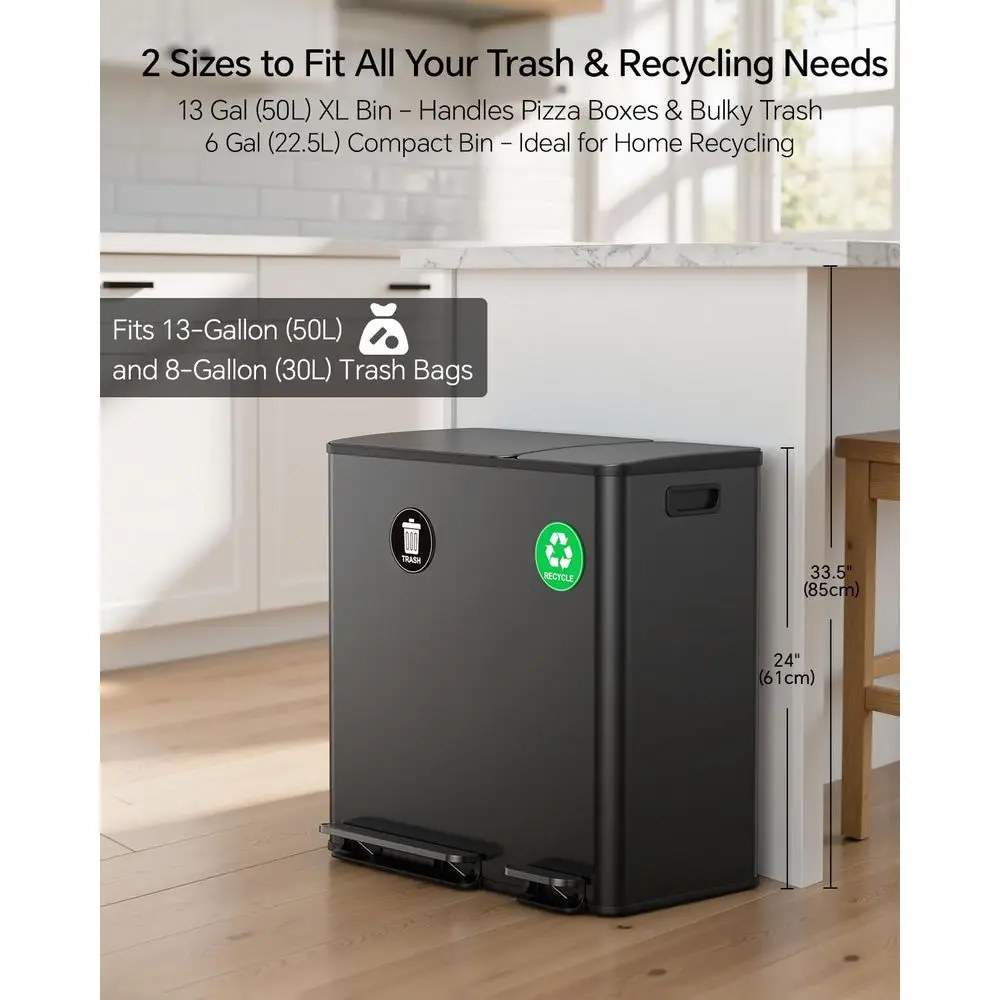 Dual Trash and Recycling Bins Kitchen, 13+6 Gallon Stainless Steel Garbage and Recycle Bin Combo for Large Families, Dual Trash view 3