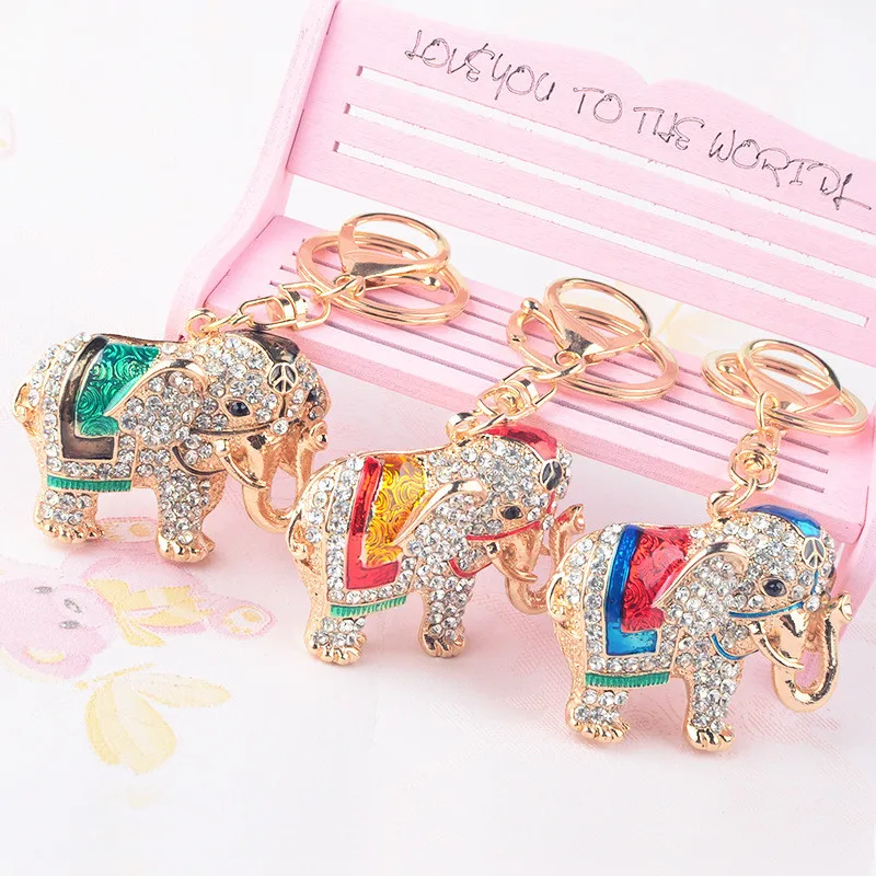 3D Auspicious Elephant Key Holder Chains Whole Enamel Colorful Crystal Bag Pendant Keyrings KeyChains For Women