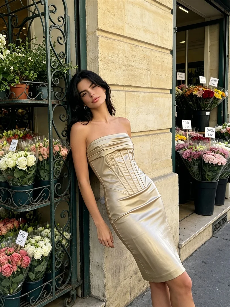 

Sexy Champagne Prom Dress Corset Strapless Sleeveless Midi Sheath Party Gown Formal Wedding Bridal Guest Birthday Robe