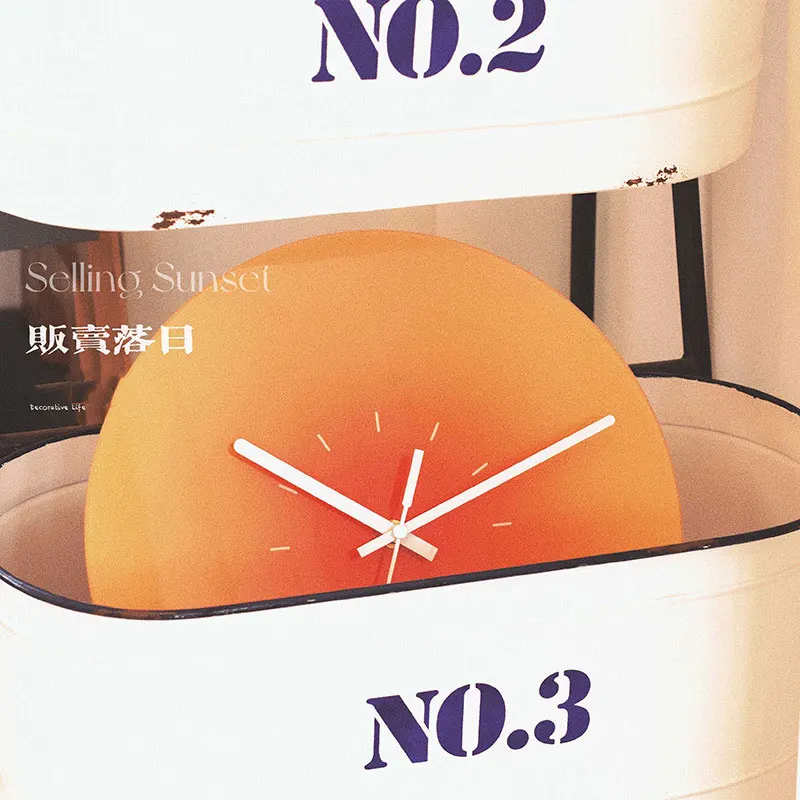 Nordic Style Gradient Sunset Wall Clock Light Luxury Living Room Punch-free Mute Glass Wall Hanging Clock Watch Home Decoration