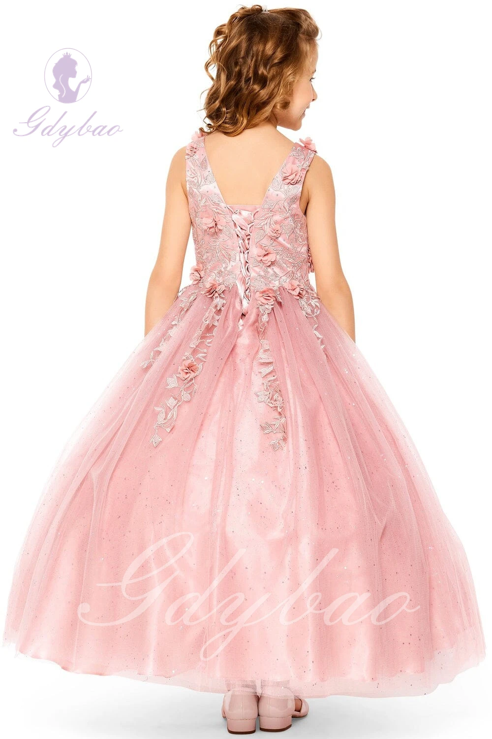 Robe de demoiselle d'honneur rose pour mariage, gonflée, dos nu, appliques 3D, enfants, bébé, anniversaire, première communion, boule, quoi que ce soit