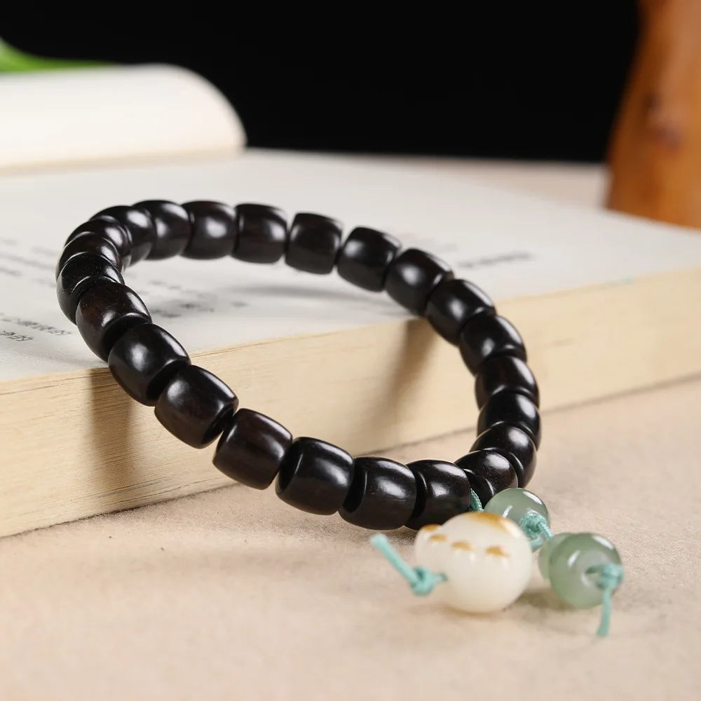 

Ebony Sandalwood Straight Cut Barrel Beads & Green Sandalwood Bodhi Cat Paw Bracelets for Men, Women & Couples Gifts