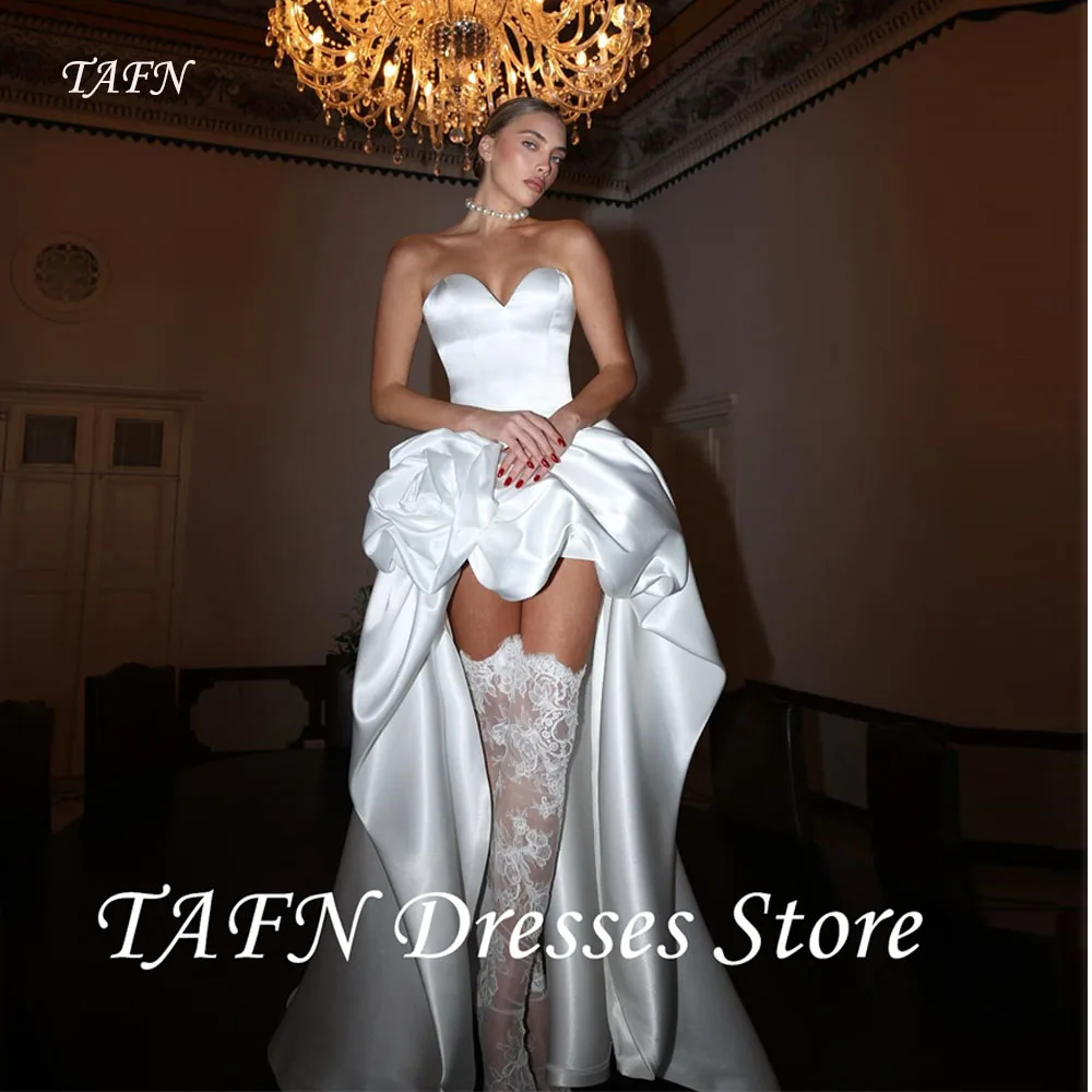 

TAFN Sweetheart White Thick Satin Wedding Dresses Short Front Long Back Bride Gowns Robes Ruffles Korea Customized Photo shoot