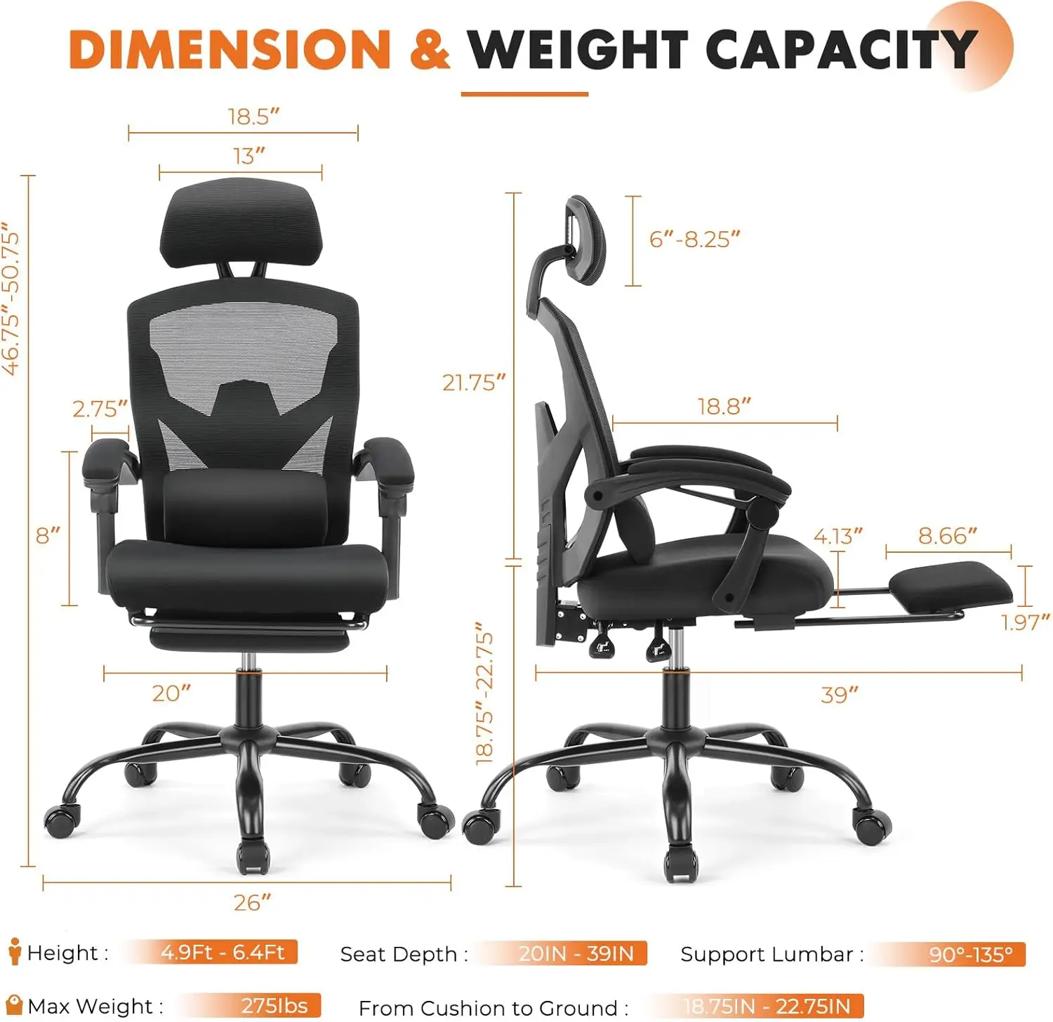 Office Computer Desk Chair, Ergonomic High-Back Mesh Rolling Work Swivel Chairs with Wheels, Comfortable Lumbar Support