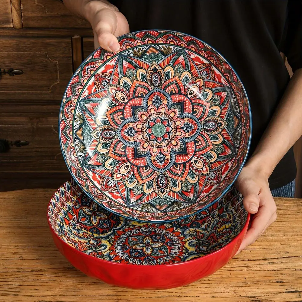 

taufikt 2pcs Bohemian 10.15" Ceramic Soup Bowl With Floral Pattern,Large Salad Bowl,Green,Orange,Blue,Red