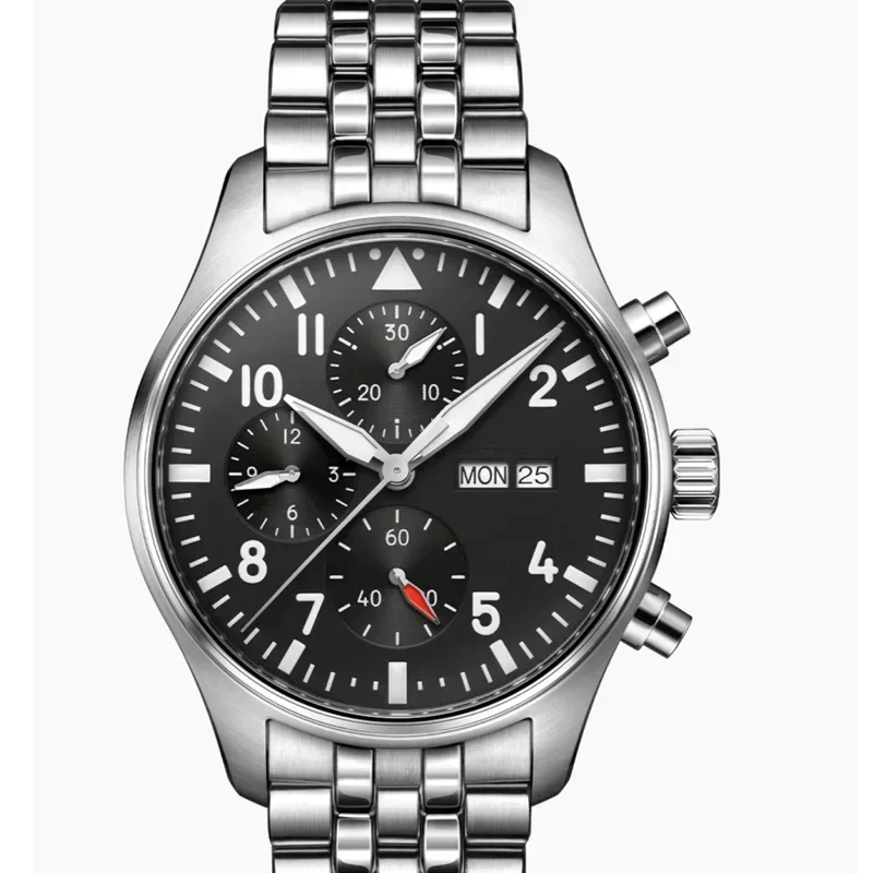 ساعة يد ميكانيكية أوتوماتيكية فاخرة للرجال مقاس 43 ملم من الفولاذ المقاوم للصدأ كبيرة من الجلد الأسود والبني