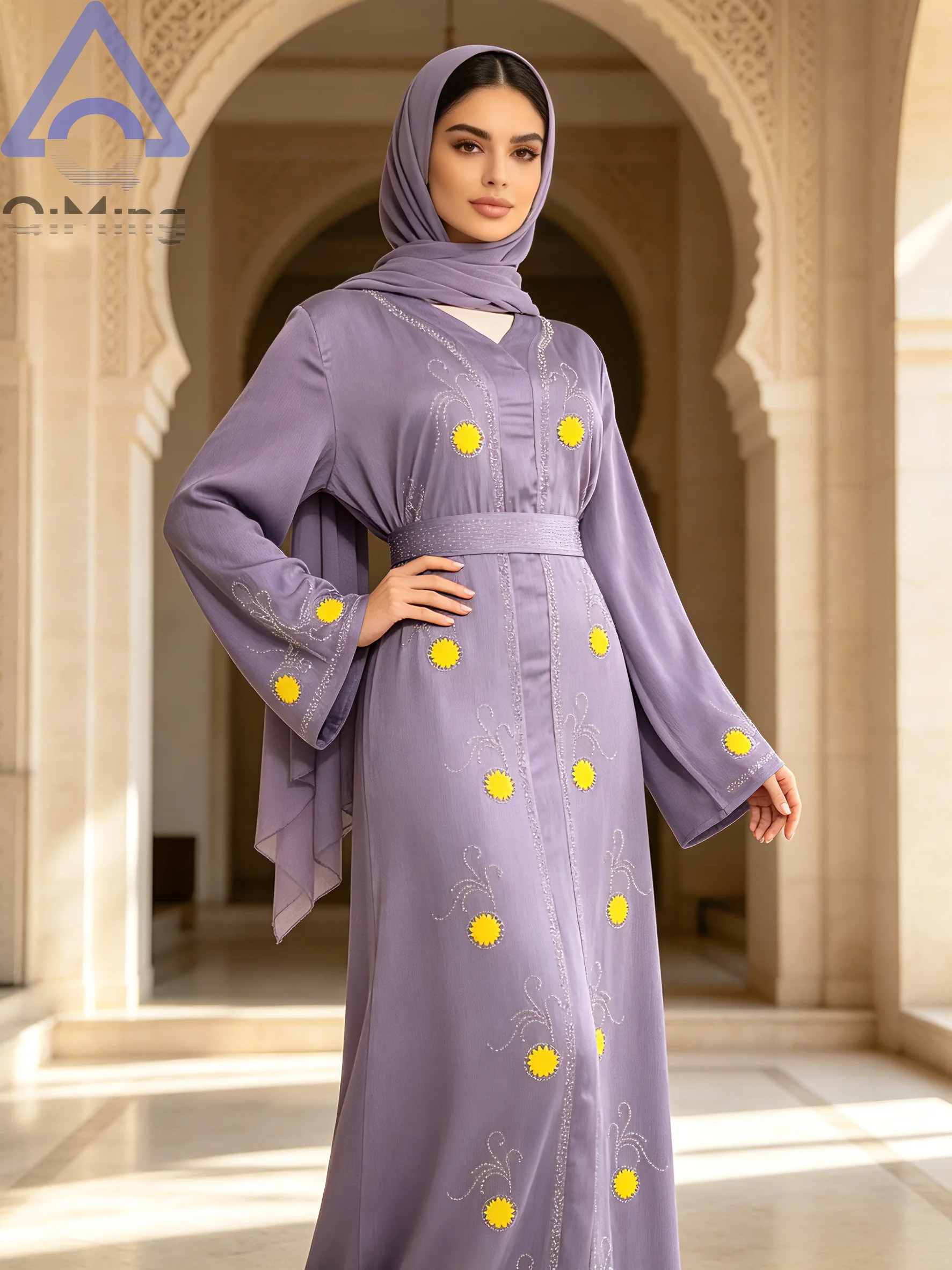Purple Floral Rhinestone V-Neck Abaya product image