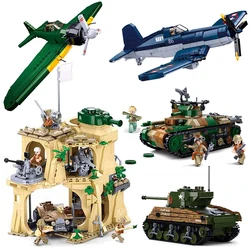 SLUBAN Military WW2 Pacific War Scenario M4 Medium Tank Aircrafts Model Building Blocks Soldier Dolls Sets Brick Kids Toys Gifts