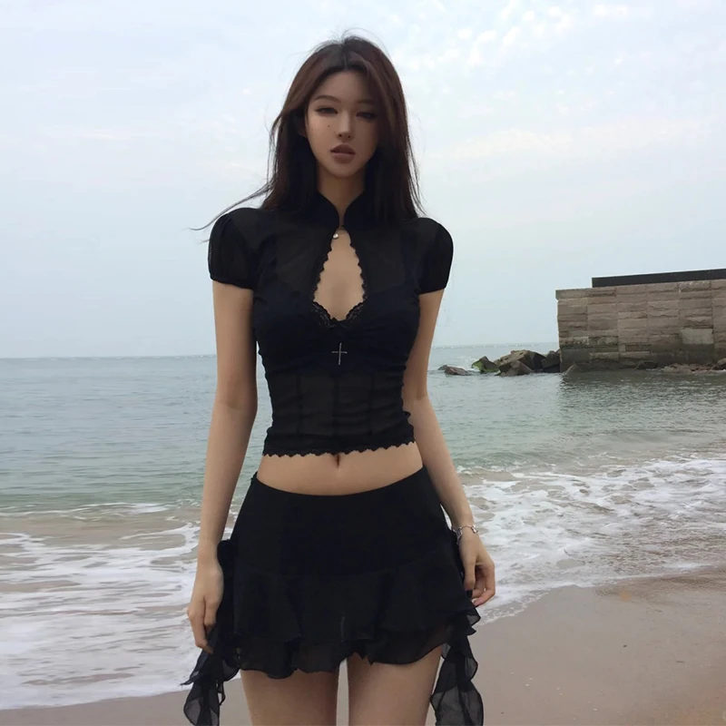 Y2K 미국 섹시 핫걸 투피스 수트 여성용 속이 비치는 레이스 메쉬 셔츠 불규칙 미니 셔츠 레트로 패션 캐주얼 스커트 수트