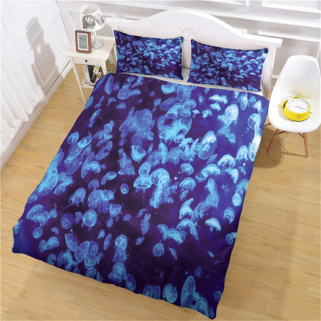 HUANZHUANG Bedding Set Duvet Cover For Kids Boy Bedroom Blue Ocean Jellyfish 3 Pieces Single Double Twin Full Queen Size 2 Pillo