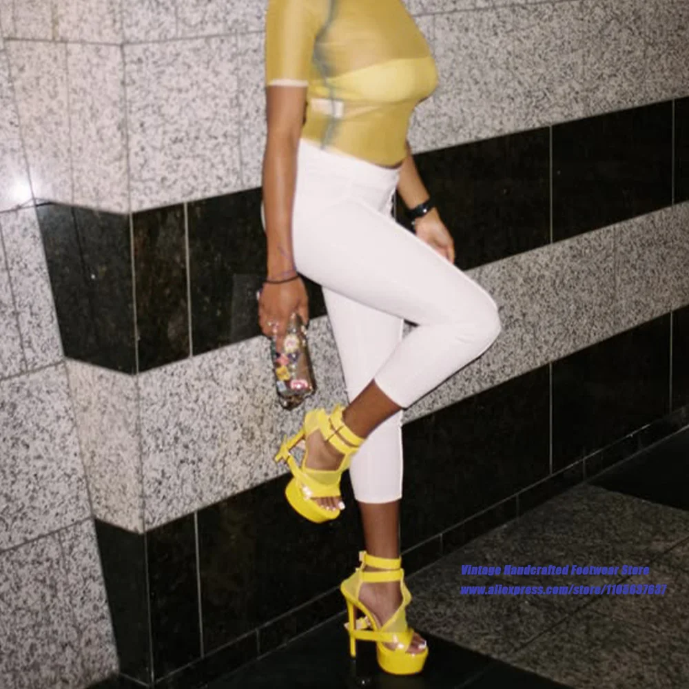 Yellow Fishnet Mesh Platform High Heel Sandals Hollow Cutout Multi Buckle Ankle Straps Party Heels Sandalias De Mujer Verano