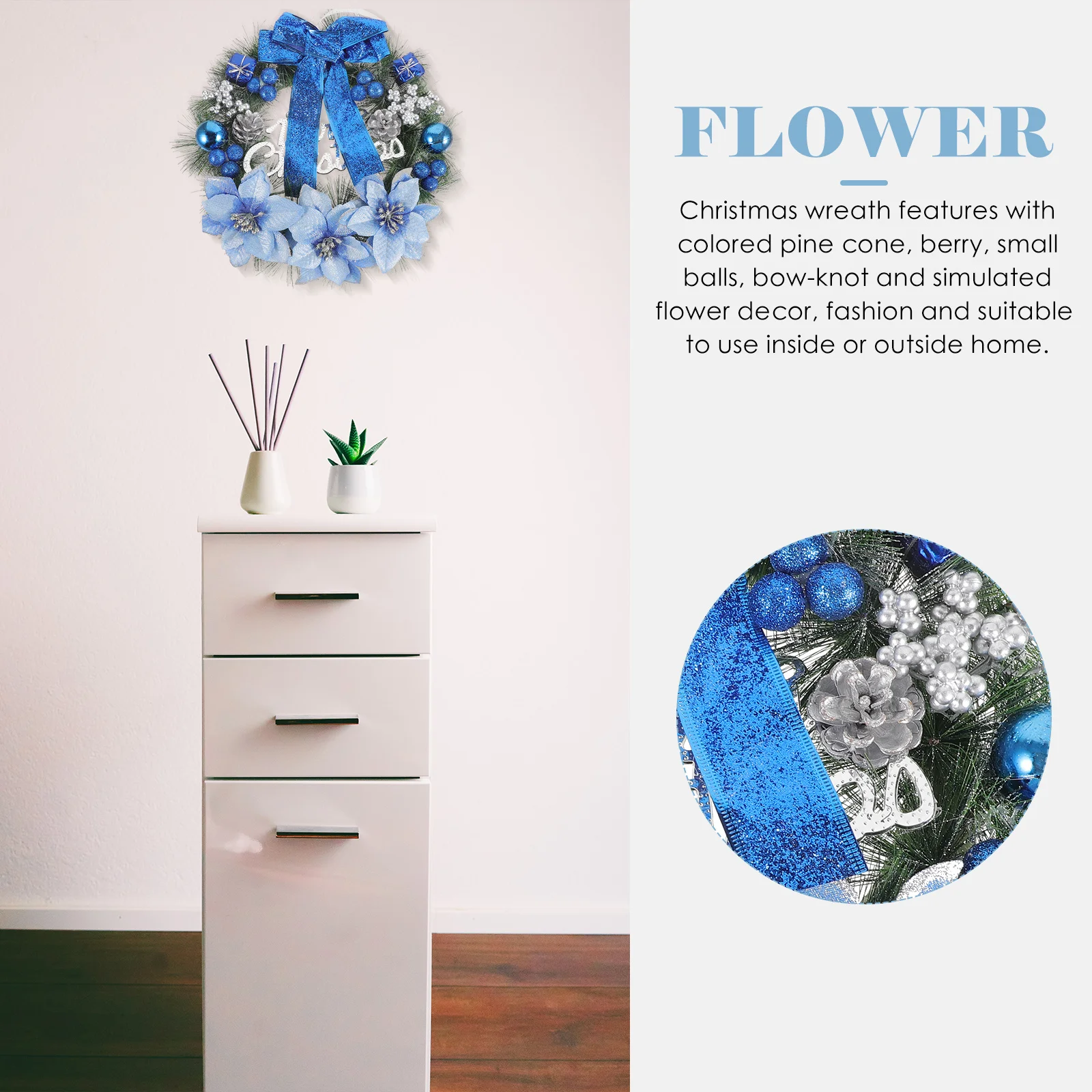 

30cm Christmas Wreath Blue Pine Cone Berry Ball Bowknot Simulated Flower Home Decor Xmas Joy Christmas Garland