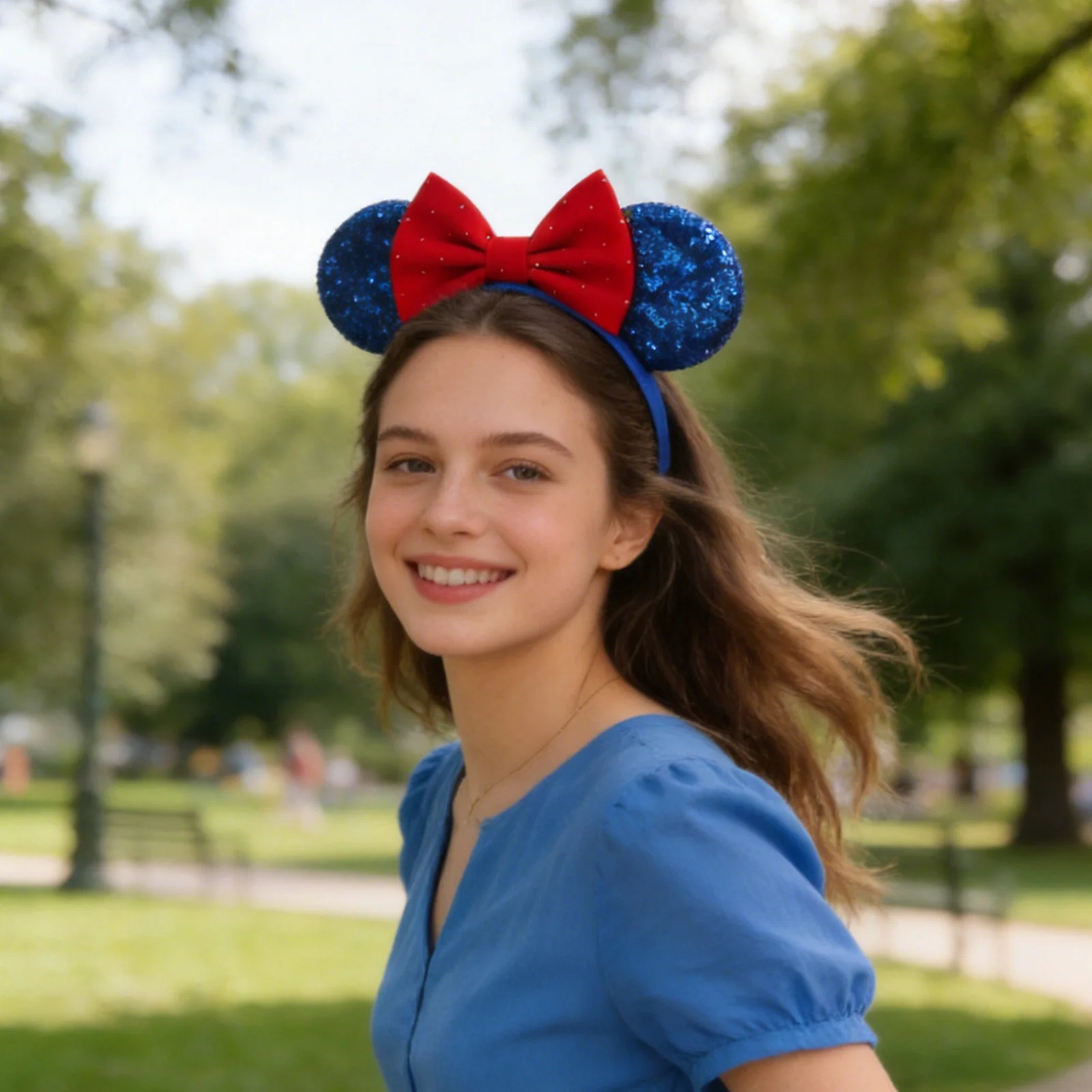 Princess Snow White Ears Headband Red Bow Crystal Pearl Hair Hoop Halloween Party Cosplay Costume Accessories for Women Girls view 3