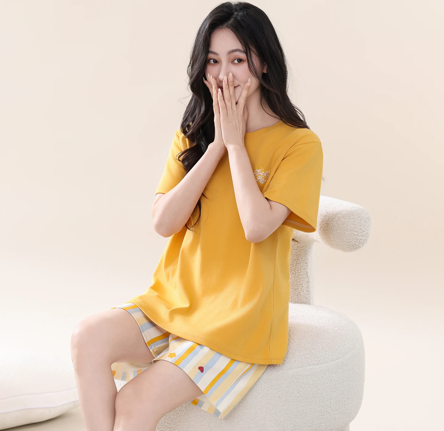 

Pajamas Set For Young Female Summer Full Cotton Pajamas Women Short Sleeve Sweet Cute Shorts Home Service O-Neck Pyjamas Female