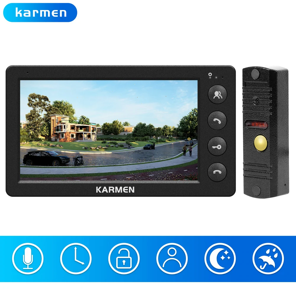 Karmen Video Intercom doorbell 7 inch Monitor with Unlock Button+HD Metal anti-theft Doorphone For Apartments,Villas,Offices