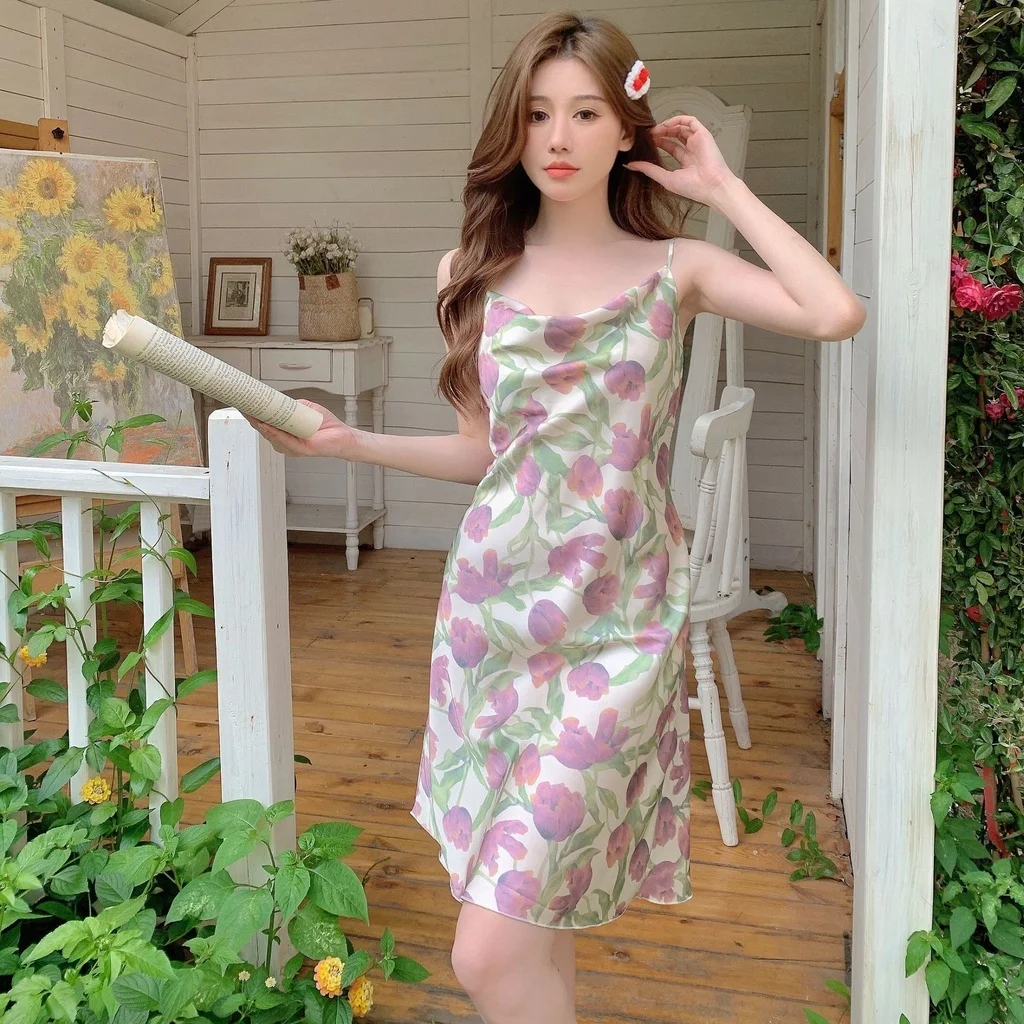 Women's Summer French Swing Neck Nightdress Korean Printed Ice Silk Holiday Sleepwear