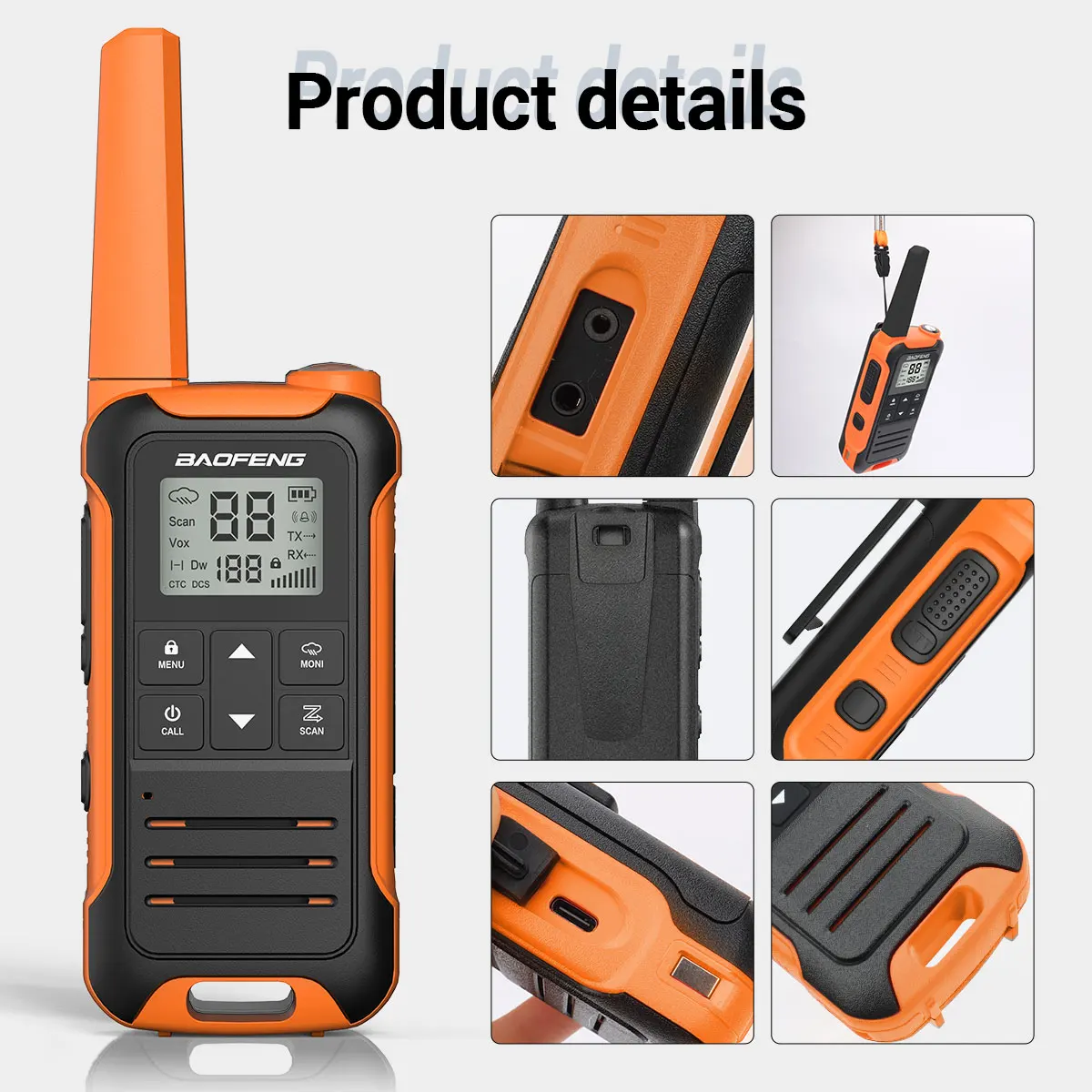 Baofeng-F22 Walkie Talkie, PMR, FRS, Long Range, Mini recarregável, carregador tipo C, rádio portátil em dois sentidos para caminhadas, 2pcs