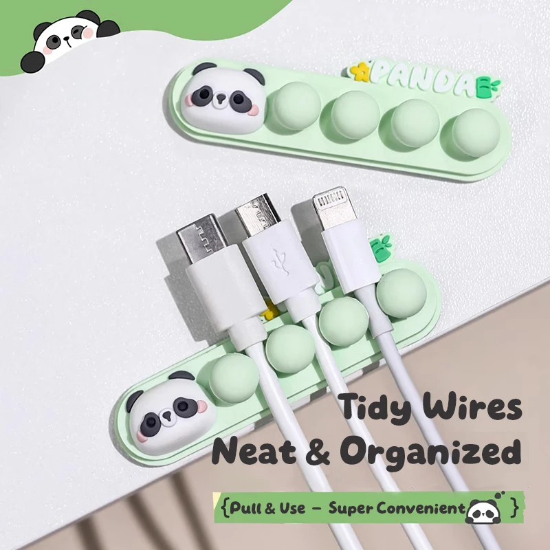 Organizer na kable w kształcie pandy z kreskówki: Samoprzylepny organizer na kable do ładowania telefonu.