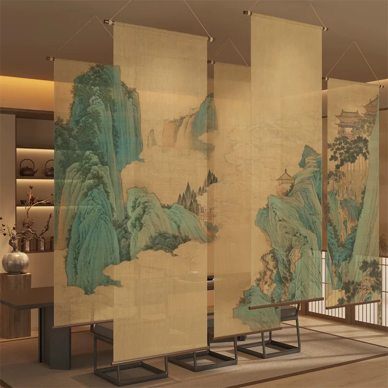 Chinese ancient landscape painting pattern roller shutter window household tea room zen partition study hanging curtain sunshade