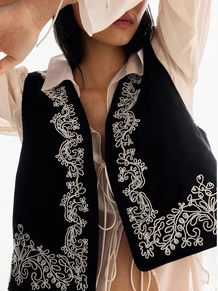 

2025 женские винтажные короткие черные жилеты без рукавов с v-образным вырезом и вышивкой, женский элегантный кардиган в стиле ретро, жилеты, верхняя одежда, топы