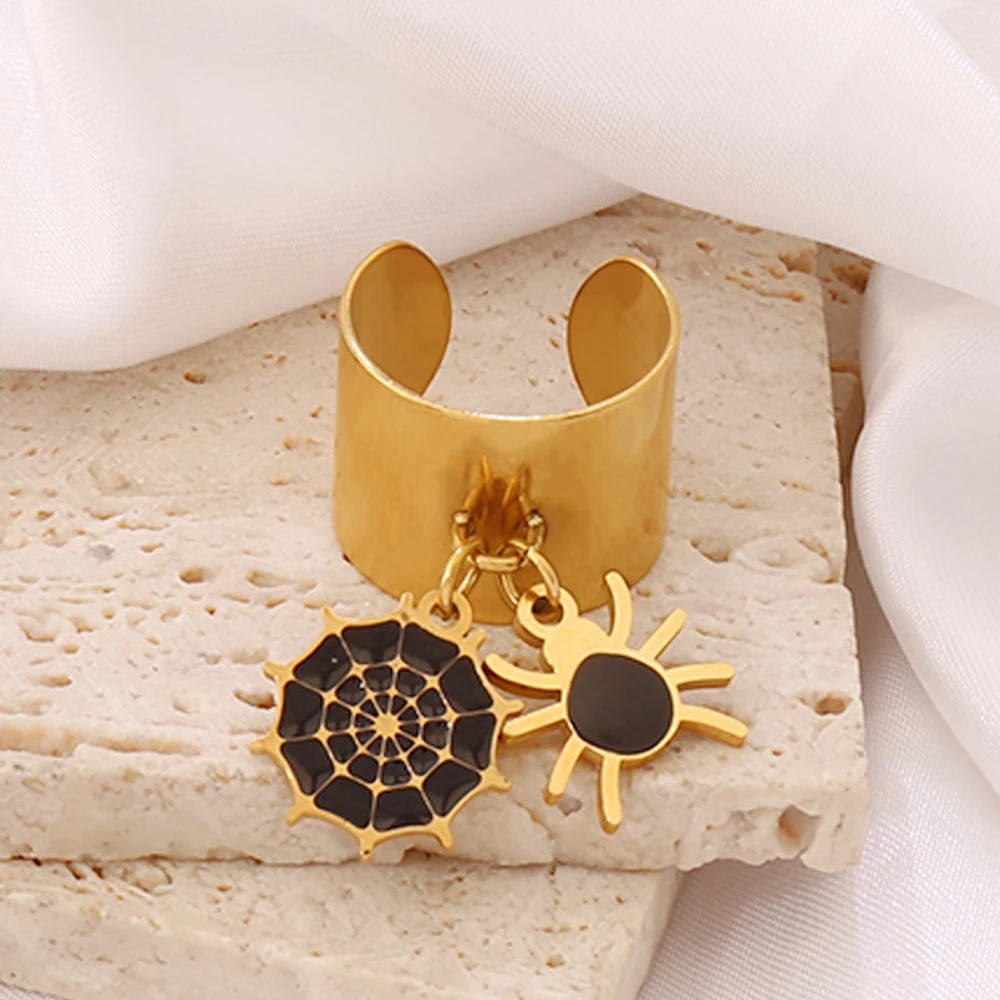 316L Stainless Steel Ghost Spider Bat Pendant Open Rings Creative Funny Broom Mummy Round Ring For Women Halloween Party Jewelry