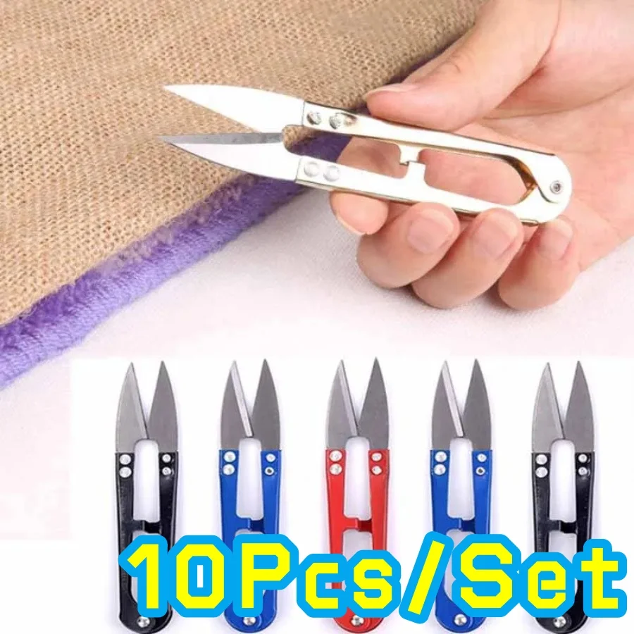 10 pçs tesoura de pesca multicolorido aparar tesoura de costura pinças em forma de u clippers fio aço inoxidável bordado artesanato