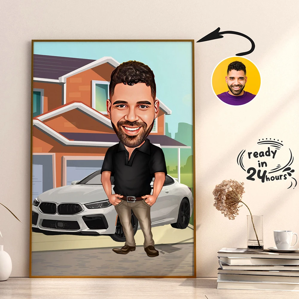 

Successful Man in Suit with Car Caricature Cartoon Personal Wall Art Poster And Prints Picture Canvas Painting Decoration