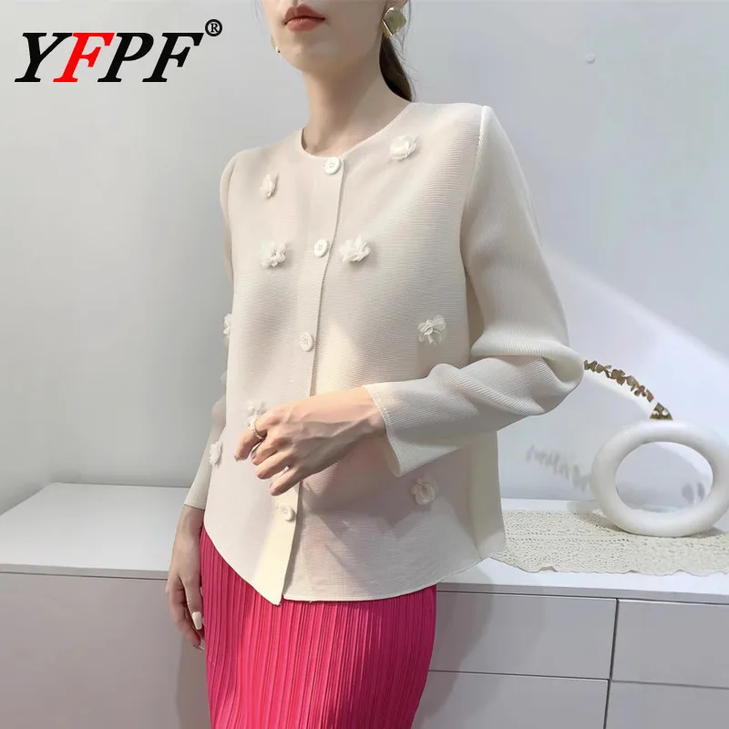 

YFPF Solid Color Miyake Pleated Blouse Women Fashion 3D Floral Spliced Button Long Sleeve Shirt Casual 2025 New Clothing