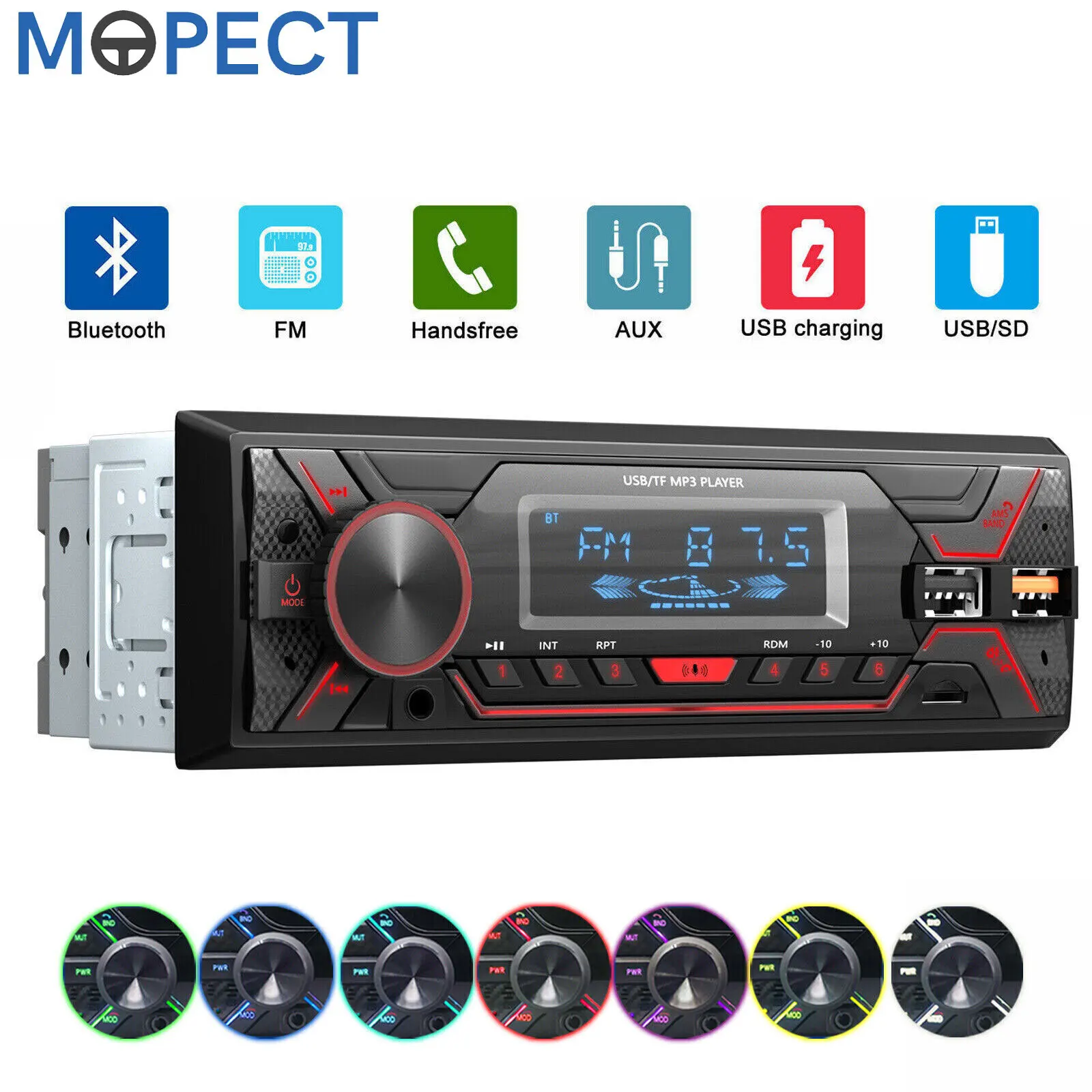 MOPECT MP3 Autoradio 1 DIN Stereo Universal Bluetooth USB AUX TF-Eingang Fernbedienung 7 Farben Radio-Beleuchtung