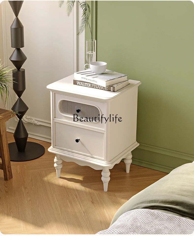 

French Retro White Solid Wood Glass Bedside Table Light Luxury Small Apartment Bedroom Storage Chest of Drawer