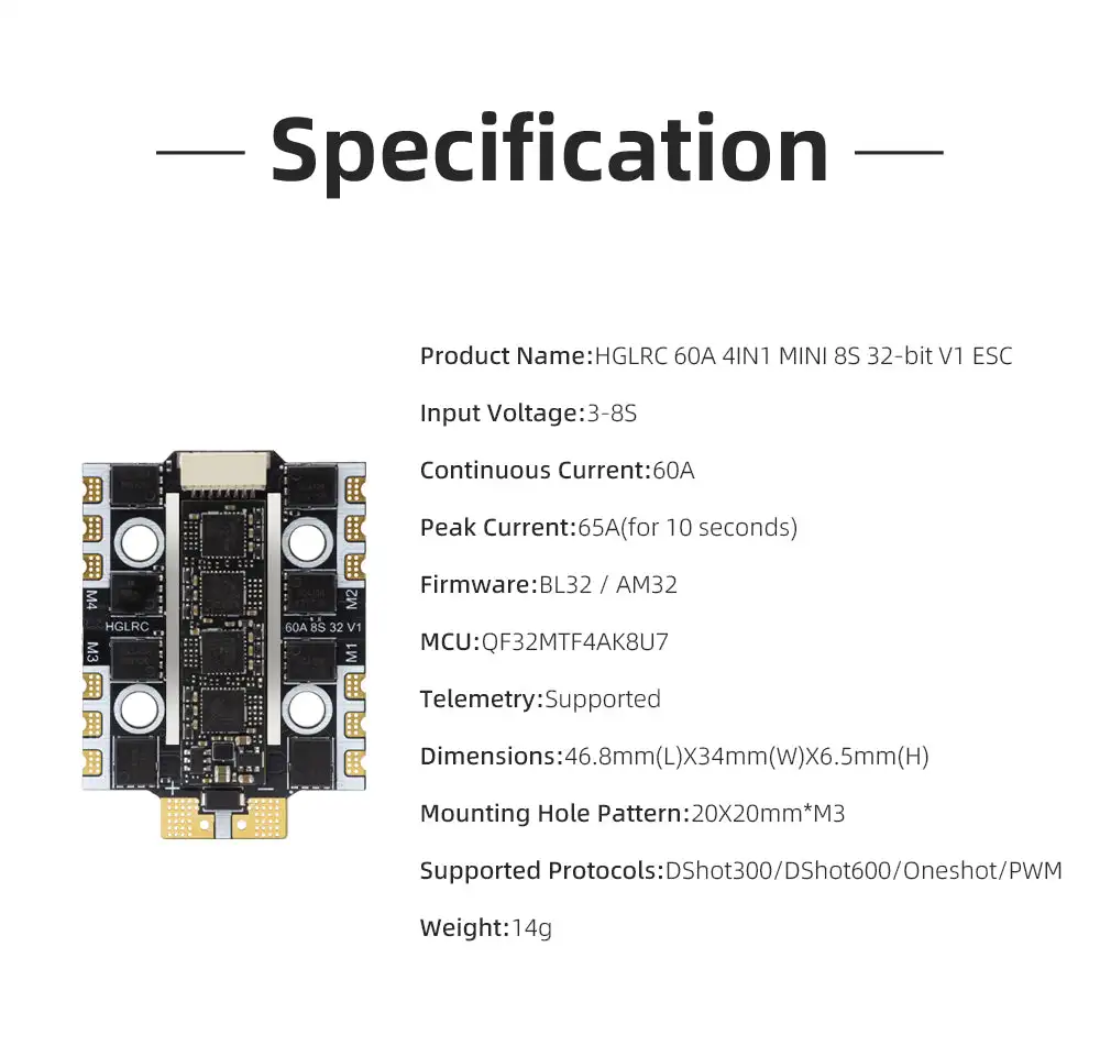 HGLRC 60A 4IN1 MINI 8S 32Bit AM32 BL32 ESC for FPV Racing Drone