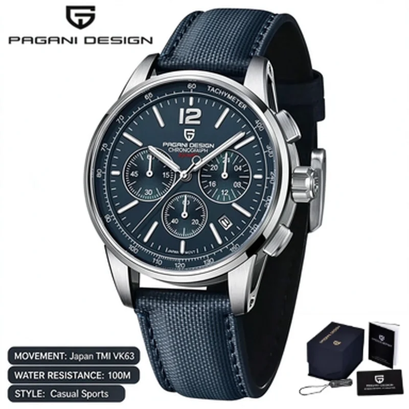 Men VK63 Quartz Wristwatch PAGANI DESIGN 100M Waterproof Stainless Steel Band Casual Watch