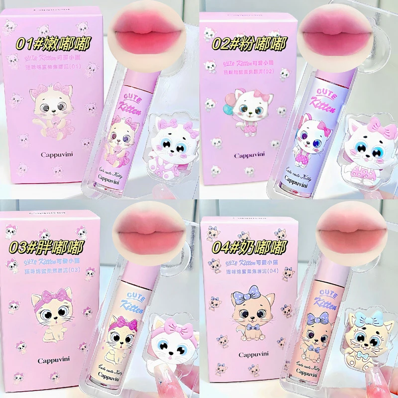 Cappuvini Rossetto Donna Cute Cat Lip Fango Crema Impermeabile Tazza antiaderente Smalto per labbra Tinta Illumina Cosmetici coreani a lunga durata