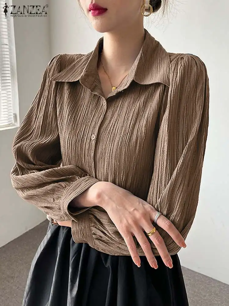 

2022 ZANZEA Y2K Textured Tops Tunic Oversized Women Long Sleeve Shirts Casual Solid Blouse Lapel Neck Chic Streetwears Blusas