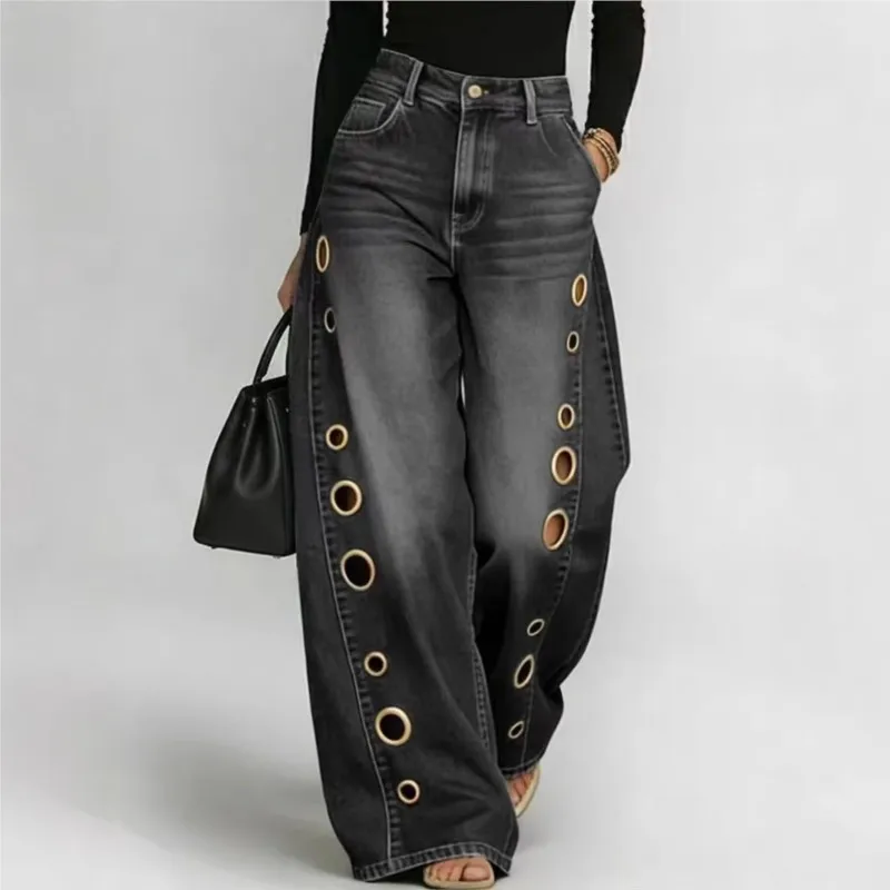 Vintage Hollow Out Metal Grommet Pockets Zipper Button Wide Leg Jeans Women's All Seasons Fashionable Casual Street Trousers
