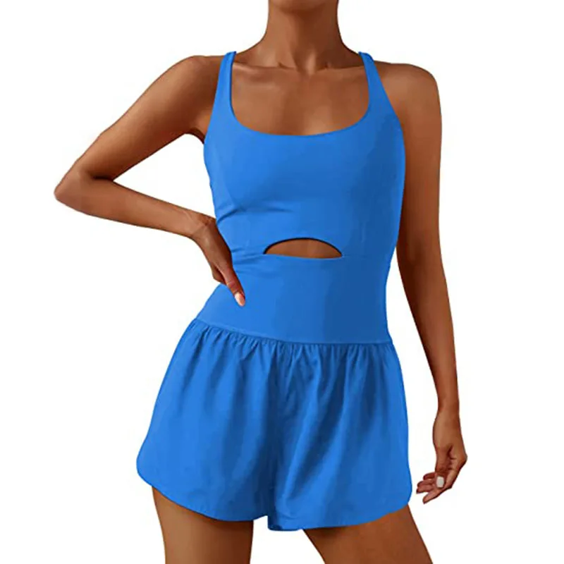 Body feminino oco de peça única, macacão confortável, macacão fino, shorts de ioga, roupas esportivas fitness, moda verão