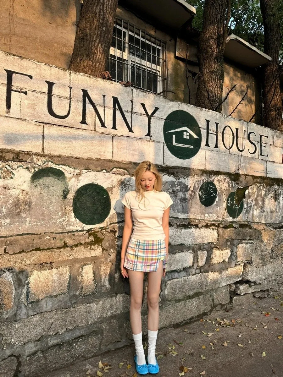 Niedrige Taille Plaid Print f Rock frauen Sommer Neue Sle Se Hosen Anti-Licht Split ort Rock Koreanische Sle pendeln