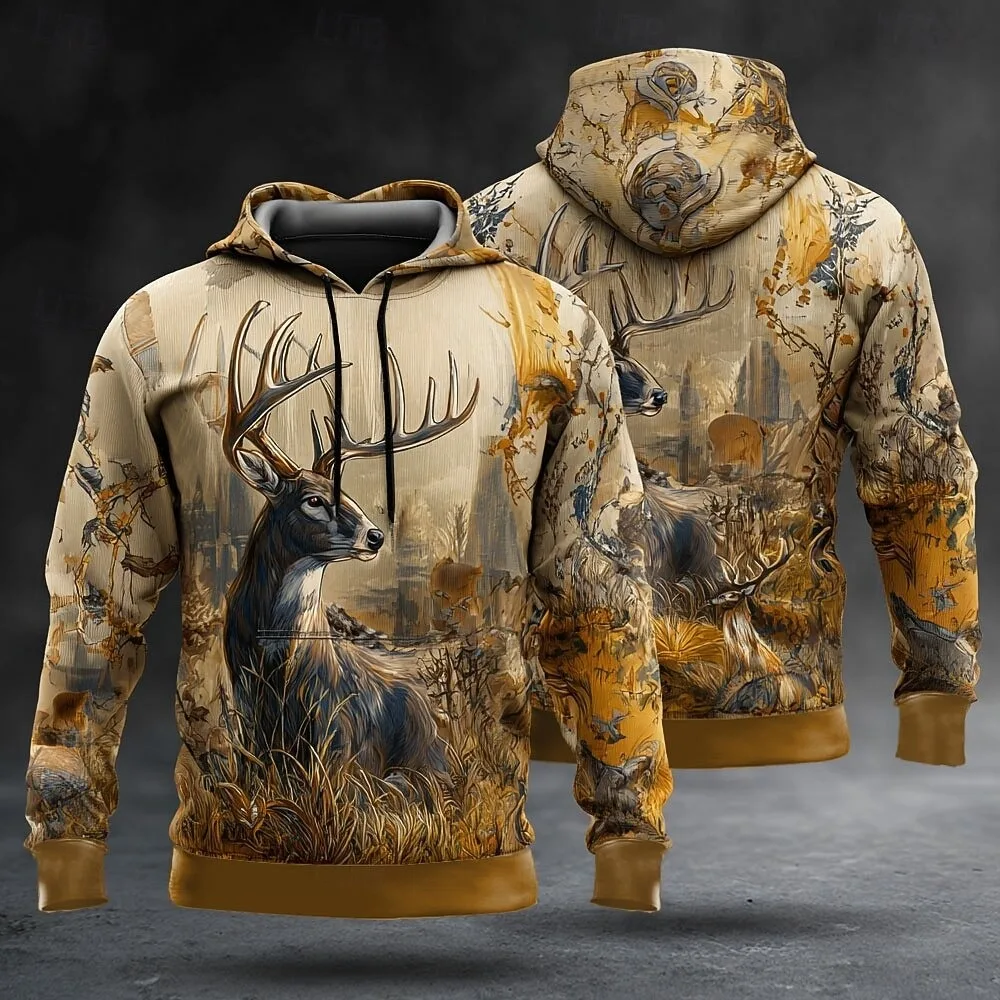 

Men's Deer print Hoodie Sweatshirt Fashion Classic Crew Neck Outdoor Hunting Yellow Brown Drawstring Men's oversized sportswear