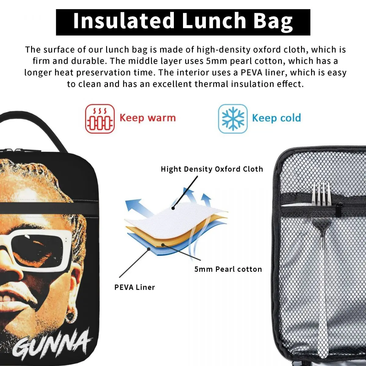 GUNNA Head Rap Rapper Insulated Lunch Bag Food Container Reusable Cooler Thermal Lunch Boxes For Travel