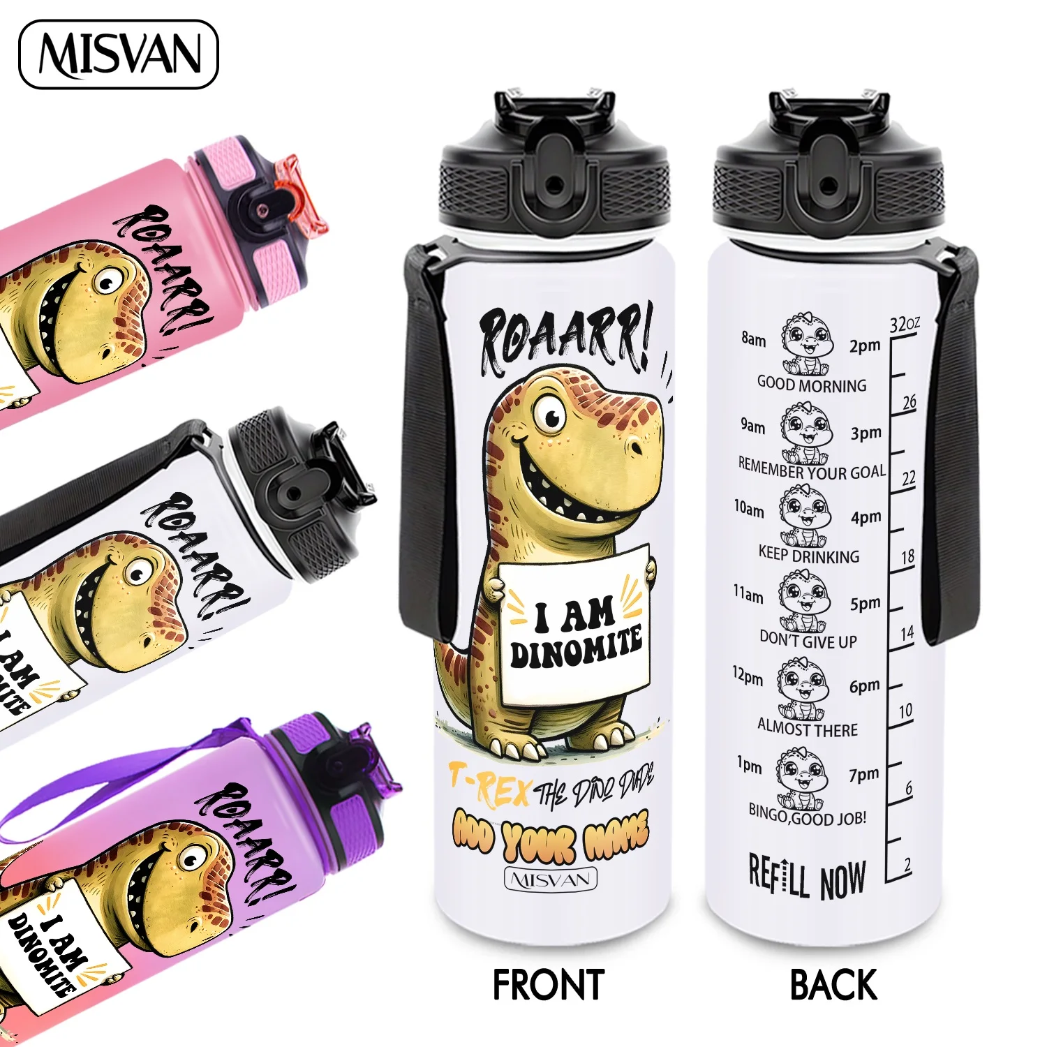 

Бутылка для воды 32 унции с индивидуальной гравировкой, забавный мультяшный принт с динозаврами, для ежедневного увлажнения организма, для спортзала, активного отдыха и велоспорта.