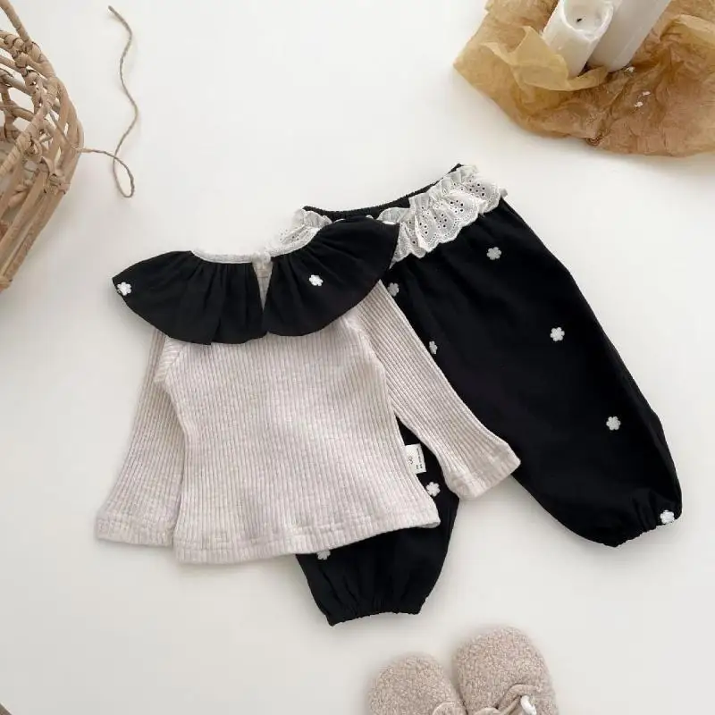 Korean Fall Baby Girl Ruffled Collar Undershirt Embroidered Lace Trim Pants Two Piece Set Infant Princess Set Trendy