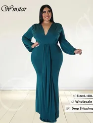 Wmstar Plus Size Party Dresses for Women Long Sleeve Stretch Sexy V Neck Elegant Maxi Dress Fall Clothes Wholesale Dropshipping