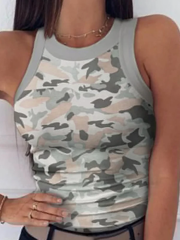 Sexy Sleeveless Small Camisole Women Camo Print Tank Tops Summer Casual O-Neck Elastic T-shirt Wear Bottoming Tops Outside — zdjęcie 4