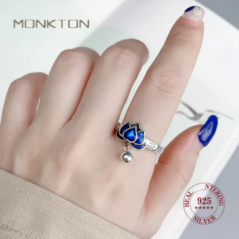 

Monkton Blue Lotus Tassel Ring Original Red Agate Natural Gemstone Flower Open Rings for Women Fine Jewelry Engagement Ring