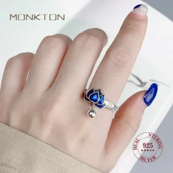 Monkton Blue Lotus Tassel Ring Original Red Agate Natural Gemstone Flower Open Rings for Women Fine Jewelry Engagement Ring
